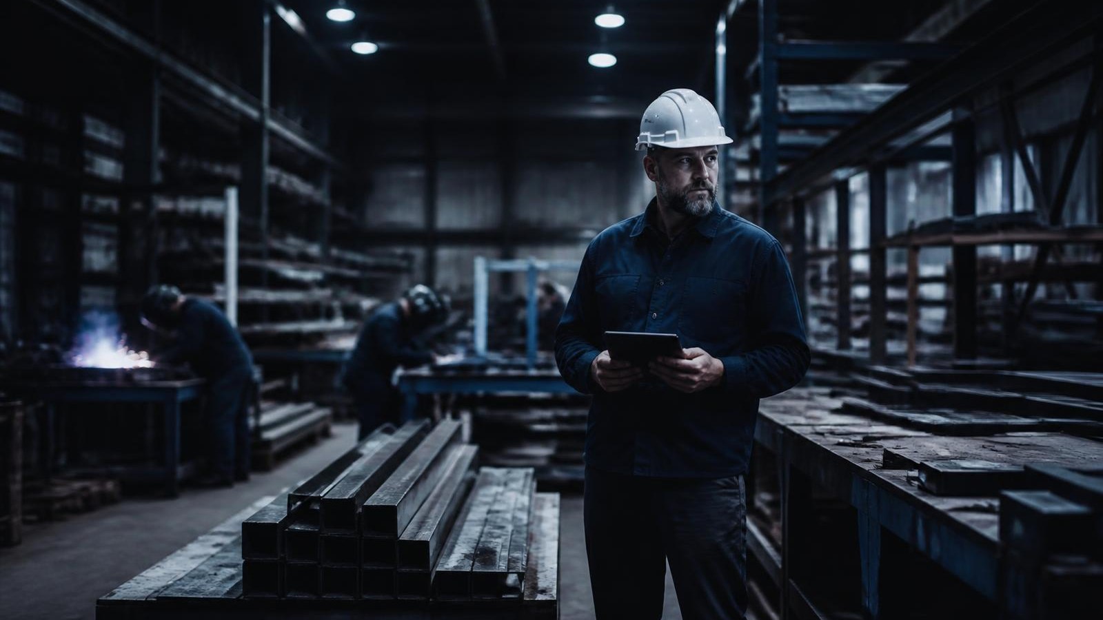 Foreman with a tablet in a contractor shop