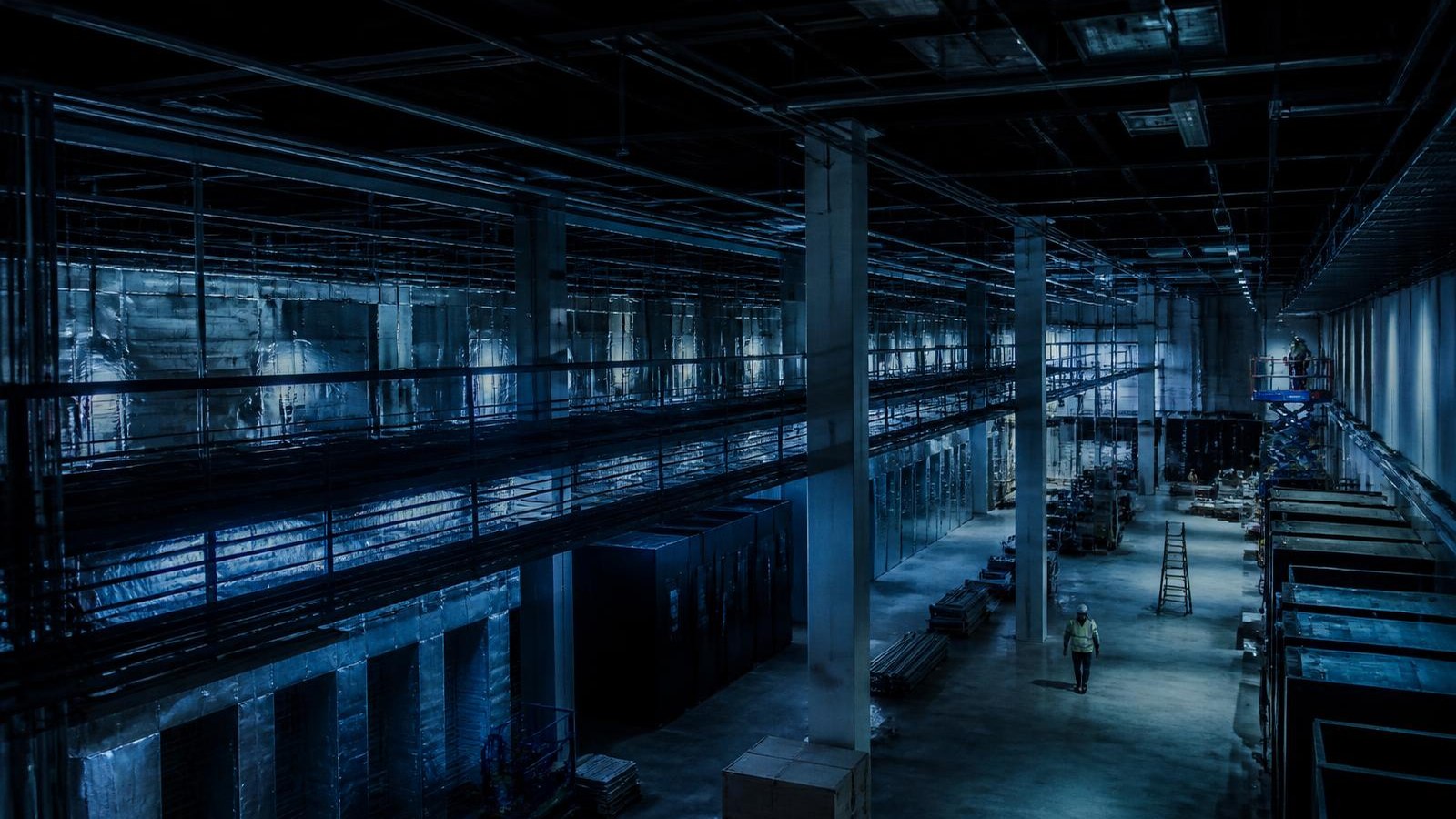 Large critical facility under construction with exposed mechanical systems