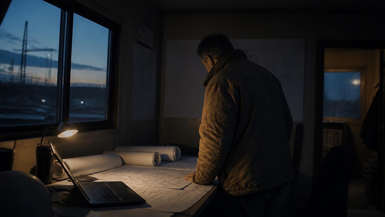 Site office trailer at dusk with drawings and a laptop on the table