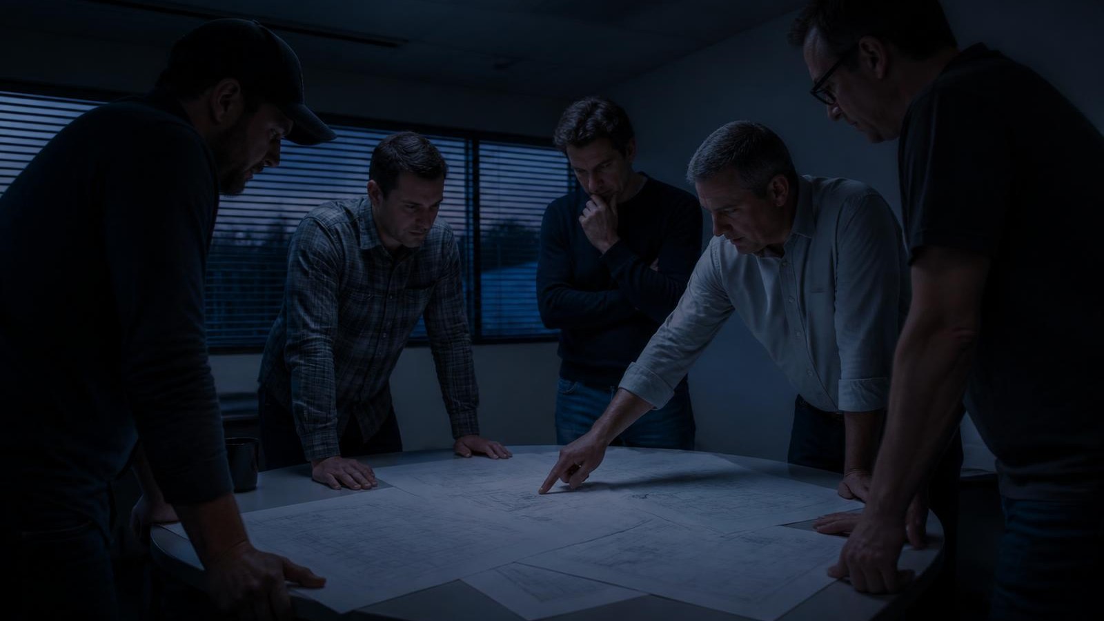 Contractors and partners reviewing drawings around a table