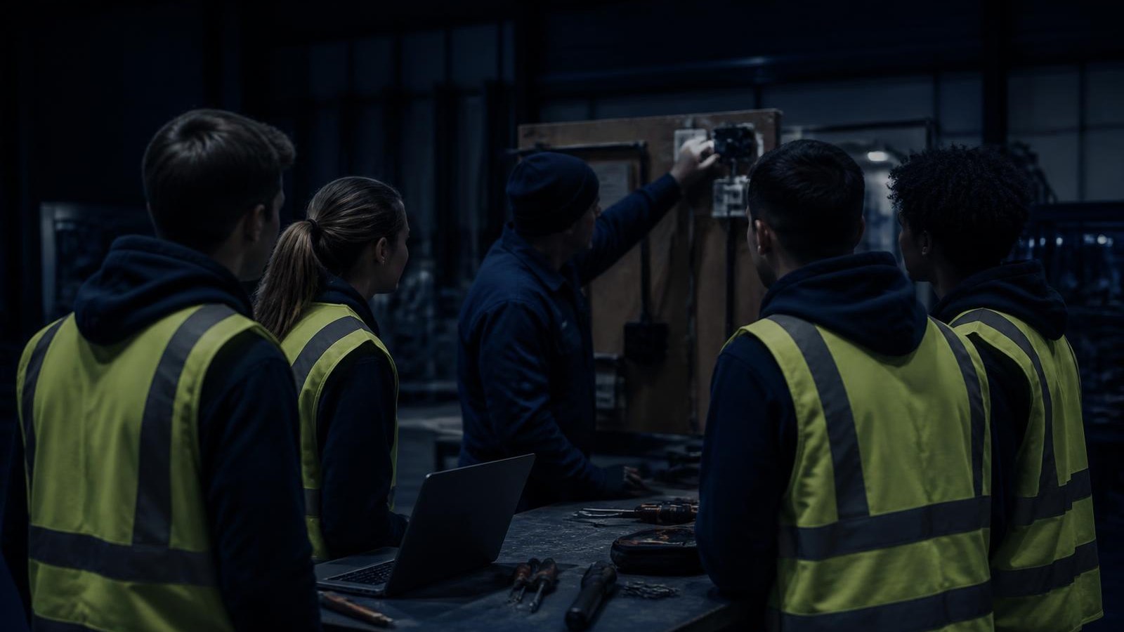 Construction apprentices learning from an instructor at a training bench
